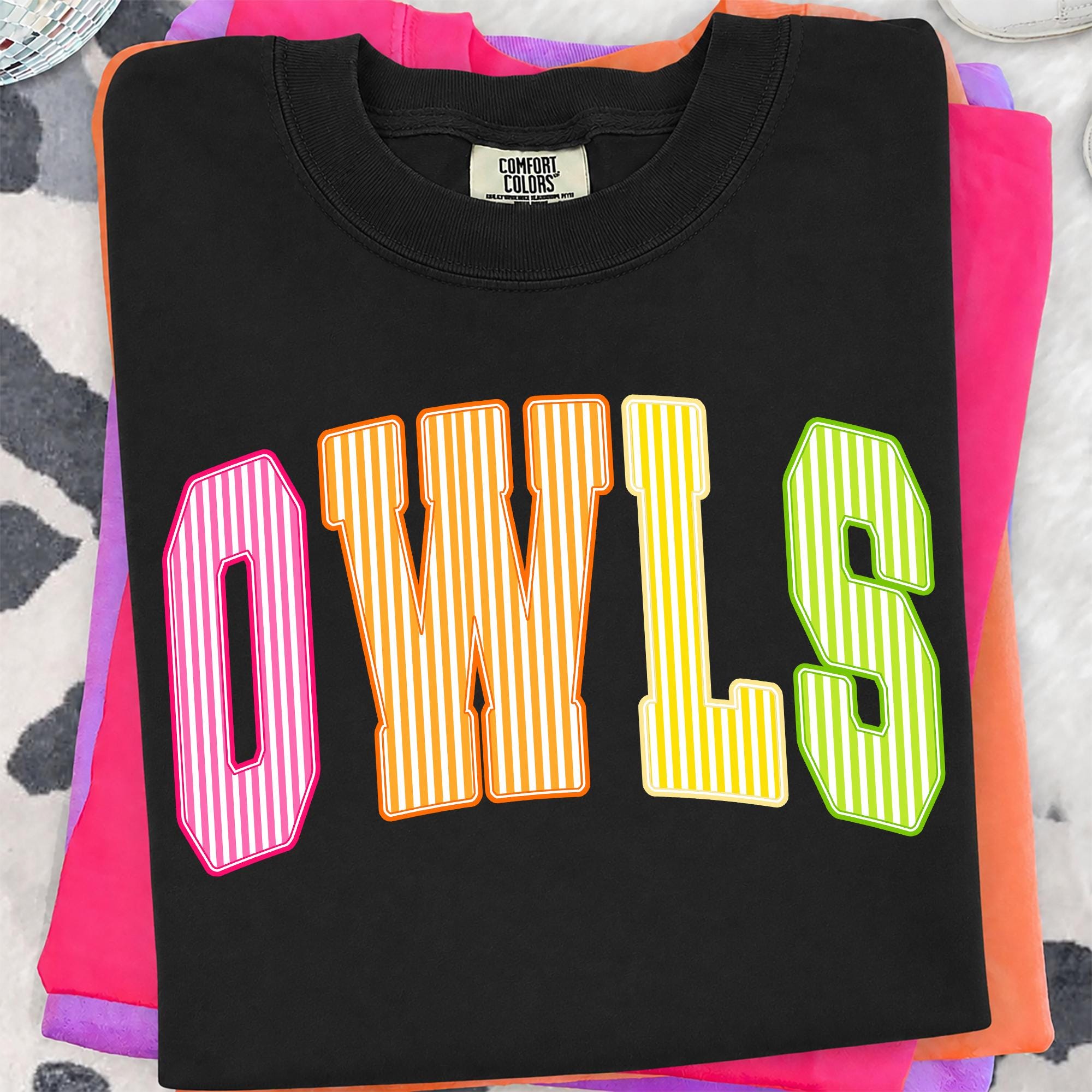 Owls PNG, Colorful Striped Owls Mascot PNG, Varsity School Spirit Game Day Shirt Design, Sublimation