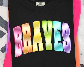 Braves PNG, Colorful Striped Braves Mascot PNG, Varsity School Spirit Game Day Shirt Design, Sublimation PNG