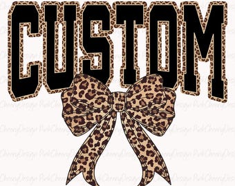 Nome personalizzato in formato PNG, design leopardato con fiocco Coquette, maglietta con nome personalizzato in formato PNG, download digitale di maglietta con stampa a sublimazione
