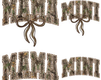 Camo Mama Mini Bundle PNG, Mama Mini Matching Set, Western Vintage Camo PNG, Trendy Mom Shirt Design, Leopard Print, Coquette Bow