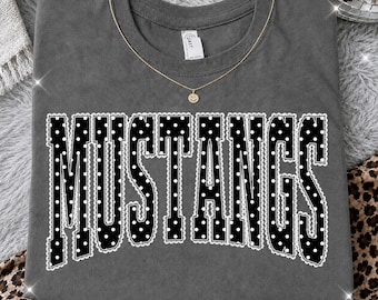 Mustangs PNG, Black Polka Dot Lace Mustangs Mascot PNG, Varsity School Spirit Game Day Shirt Design, Team Spirit Sublimation PNG