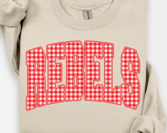 Rebels PNG, Red Gingham Rebels Mascot PNG, Varsity School Spirit Shirt Design, Game Day Sublimation PNG