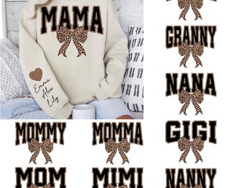 Mama/Grandma/Nana Leopard Bow Heart on Sleeve PNG, Mama Bundle, Mother's Day, Custom Kids Names Sleeve, Mama Heart PNG, Mom Sweatshirt PNG