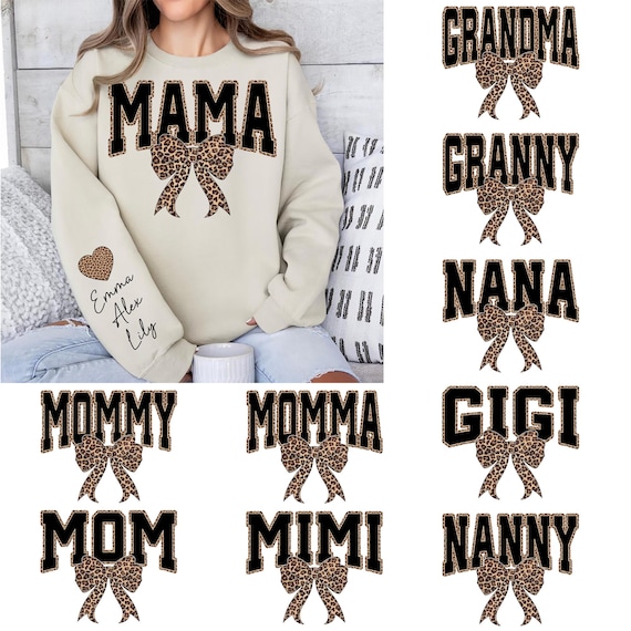 Mama/Grandma/Nana Leopard Bow Heart on Sleeve PNG, Mama Bundle, Mother's Day, Custom Kids Names Sleeve, Mama Heart PNG, Mom Sweatshirt PNG