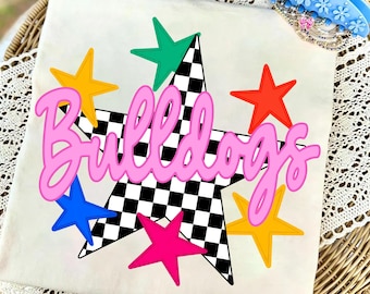 Bulldogs PNG, Checkered Star Bulldogs Mascot PNG, Colorful Stars School Spirit Game Day Shirt Design, Team Spirit Sublimation PNG