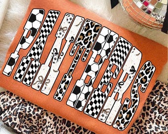 Panthers Soccer PNG, Panthers Team Mascot School Spirit Design, Checker Leopard Bow Letter Style, Game Day Shirt Sublimation PNG