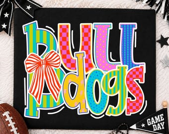Bulldogs PNG, Bulldogs Bow Mascot PNG, Coquette Bow Preppy Pattern, School Spirit Shirt Design, Game Day Sublimation PNG