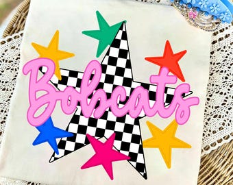 Bobcats PNG, Checkered Star Bobcats Mascot PNG, Colorful Stars School Spirit Game Day Shirt Design, Team Spirit Sublimation PNG