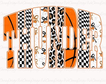 PNG di basket Thunder, design sportivo leopardato e a scacchiera, mascotte con spirito scolastico in sublimazione, PNG in difficoltà per magliette per il giorno della partita