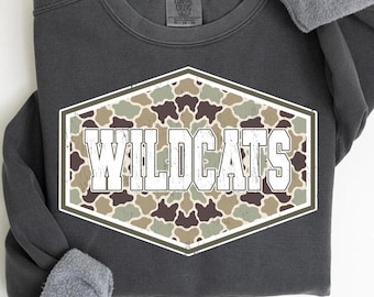Wildcats PNG, Camo Wildcats Mascot PNG, Varsity School Spirit Game Day Shirt Design, Team Spirit Sublimation PNG