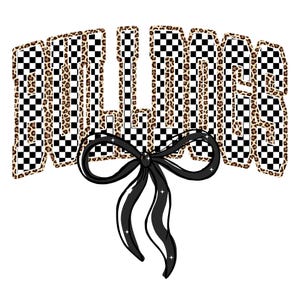 May include: A graphic design featuring the word "MILLIONS" in a stylized font. The letters have a checkered pattern with leopard print trim. A black bow with sparkling accents is at the bottom.