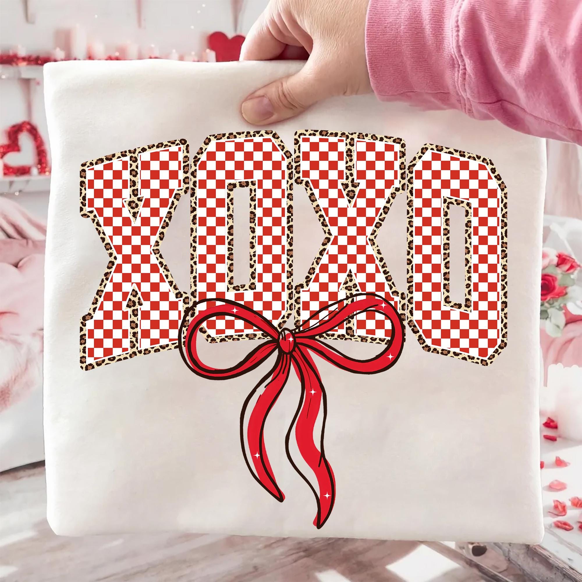 XOXO Valentine PNG, Red Checkered Leopard Coquette Bow Design