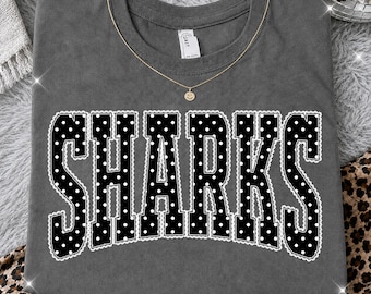 Sharks PNG, Black Polka Dot Lace Sharks Mascot PNG, Varsity School Spirit Game Day Shirt Design, Team Spirit Sublimation PNG