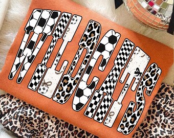 Wildcats Soccer PNG, Wildcats Team Mascot School Spirit Design, Checker Leopard Bow Letter Style, Game Day Shirt Sublimation PNG