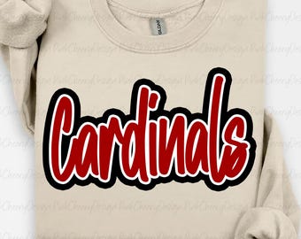 カージナルスのマスコットPNG、スクールスピリットカージナルスのスクリプトロゴ、チームマスコットデザイン、ゲームデーカージナルスのシャツPNG、昇華デジタルダウンロード