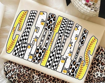 Cardinals Softball PNG, Cardinals Team Mascot Design, Checker Leopard Bow Letters, Game Day Shirt Sublimation PNG