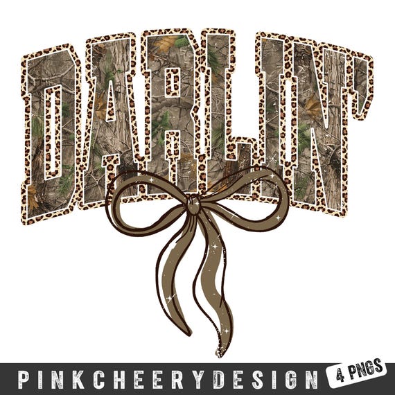 Retro Camo Western PNG, Darlin Retro Camo Country Distressed Cowboy Quote, Camouflage Sublimation Design, Leopard Print, Coquette Bow