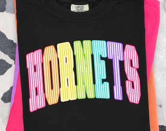 Hornets PNG, Colorful Striped Hornets Mascot PNG, Varsity School Spirit Game Day Shirt Design, Sublimation PNG