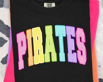 Pirates PNG, Colorful Striped Pirates Mascot PNG, Varsity School Spirit Game Day Shirt Design, Sublimation PNG