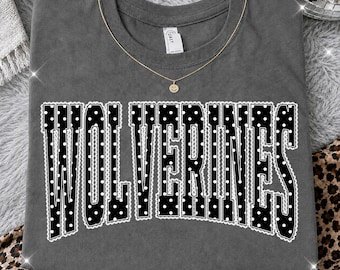 Wolverines PNG, Black Polka Dot Lace Wolverines Mascot PNG, Varsity School Spirit Game Day Shirt Design, Team Spirit Sublimation PNG