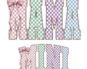 Easter Mama Mini PNG, Mommy and Me Matching Shirt Design, Pastel Checkered Coquette Bow, Leopard Outline, Easter Sublimation PNG