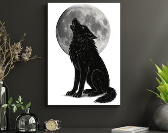 Howling Wolf Poster Under the Moon | Mystical Animal Art in Black and White | Digital Wall Art