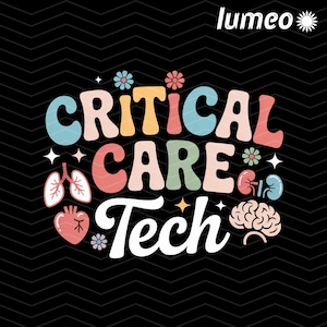 Może przedstawiać: Kolorowy projekt graficzny na czarnym tle ze słowami "CRITICAL CARE Tech". Projekt zawiera ilustracje płuc, serca, nerek i mózgu, a także kwiaty i gwiazdy.