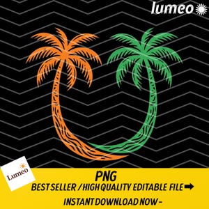 May include: A digital graphic of two stylised palm trees in orange and green, set against a black zigzag background. The image includes the text "PNG BEST SELLER / HIGH QUALITY EDITABLE FILE - INSTANT DOWNLOAD NOW -."