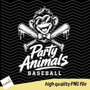 May include: A black and white graphic design featuring a smiling monkey wearing sunglasses and a bow tie, positioned above two crossed baseball bats with a dripping effect. The text reads Party Animals BASEBALL in a bold, stylized font.