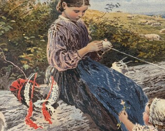 Cromolitografía victoriana: «Niños devanando algodón», según Birket Foster, enmarcada.