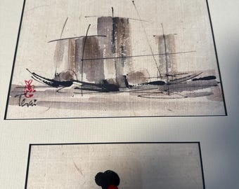 Conjunto de impresiones artísticas tríptico con tinta asiática enmarcada, figuras minimalistas zen, barcos, 26 x 13