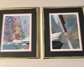 Pareja original de obras abstractas en técnica mixta: díptico moderno firmado con detalles dorados