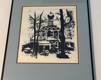 Grabado en madera del Monasterio de Novodevichy / Edición limitada firmada, arte ruso enmarcado