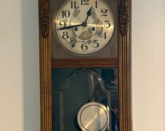 Reloj de pared antiguo Mauthe de Alemania – Reloj de campanas alemán en funcionamiento – Caja de madera de 79 cm