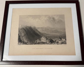 1838 Vista desde el Monte Washington, NH. Grabado antiguo en acero de W.H. Bartlett. Enmarcado. 10x12 pulgadas.