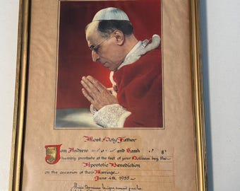 Bendición nupcial papal de 1955 (Bendición Apostólica del Vaticano) - Documento católico enmarcado del Papa Pío XII