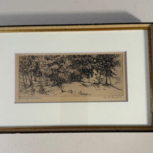 Hand Pulled Etching Young Birches Signed Landscape Print Original Framed Art 1920s 1930s