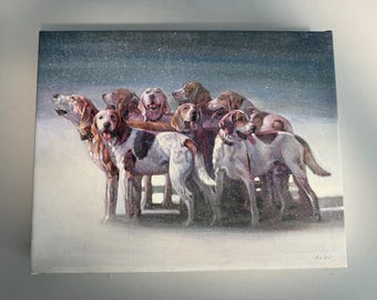 Impresión Giclée sobre lienzo de perros de caza, 11 x 14, jauría de sabuesos deportivos, decoración rústica de cabaña