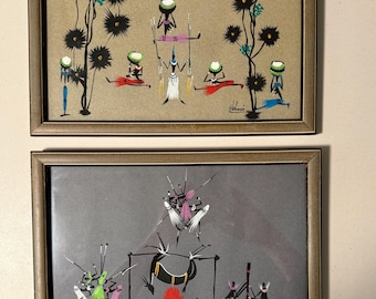 Pinturas africanas antiguas en gouache: Bailarines tribales y escenas de aldea, originales de mediados de siglo (juego de 2)