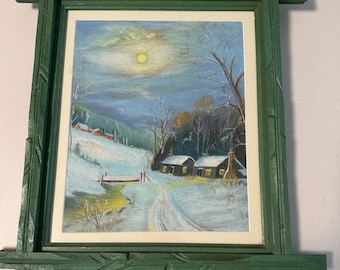 Paisaje invernal vintage en tonos pastel enmarcado con un marco de arte popular rústico de Adirondack en verde.