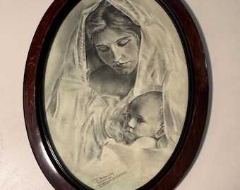 Dibujo antiguo al carboncillo de "Madre e hijo" / 1917 R.S. Alexanian, procedencia de la Primera Guerra Mundial