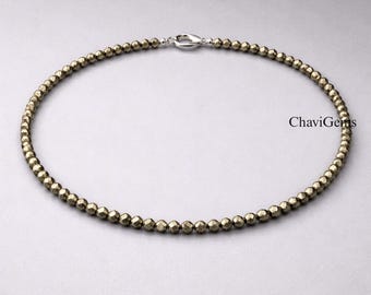 Natural Pyrite Beaded Necklace 2-2.5mm Faceted Round Beads, Dainty Pyrite Necklace, Minimalist Gold Pyrite Necklace, Jewelry Gift For Women