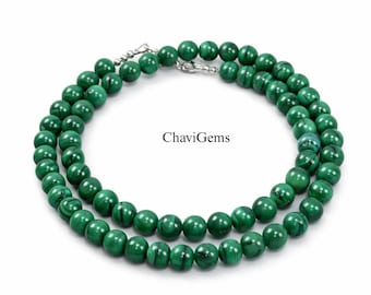 Natural Malachite Beaded Necklace | Handmade Green Gemstone, 18 Inch, malachite jewelry, wife gifts
