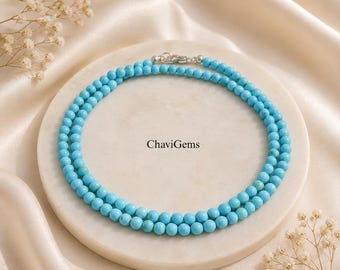 Howlite Turquoise Necklace 3MM Smooth Round Beaded Necklace, Minimalist Blue Gemstone Necklace, Dainty Layering Jewelry Gift for Women
