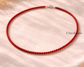 Zeldzame rode koraal kralenketting 3-4 mm gladde ronde, minimalistische handgemaakte sieraden, sierlijke koraal choker ketting, cadeau voor vrouwen verjaardag