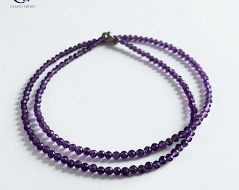 Amethyst Beaded Necklace, 3mm Natural Faceted Round Amethyst Necklace, Gemstone Choker Necklace, Handmade Crystal Jewelry, Gift for Her