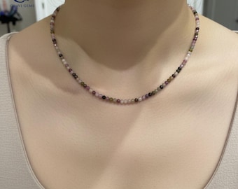 Tourmaline Beaded Necklace 3mm Faceted Round Beads, Multi tourmaline Choker Necklace , Minimalist Jewelry, Dainty Crystal Gift for Women