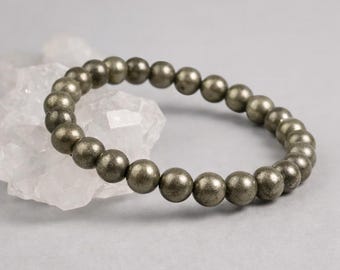Natural Pyrite Bracelet, 8mm Pyrite Beaded Stretch Bracelet, Unisex Crystal Bracelet, Protection Jewelry Gift for Men Women