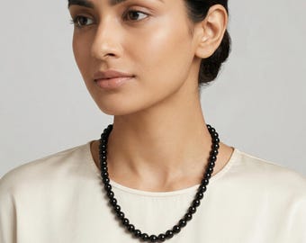 Black Tourmaline Beaded Necklace, 8mm Smooth Round Beads, Protection Jewelry