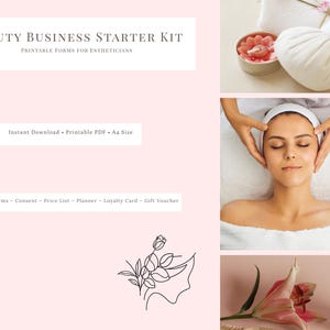 Può includere: Immagine rosa e bianca che promuove un kit di avviamento per attività di bellezza. Il testo recita "BEAUTY BUSINESS STARTER KIT" e "PRINTABLE FORMS FOR ESTHETICIANS". Il testo aggiuntivo include "Download istantaneo • PDF stampabile • Formato A4".